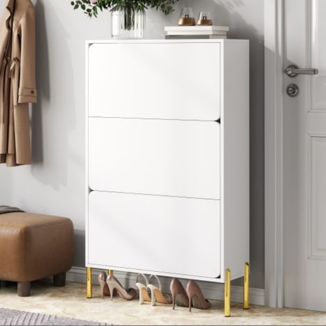 Meuble à chaussures 3 abattants, rangement vertical grande capacité, pieds dorés, 73 x 24 x 120 cm, MDF, blanc