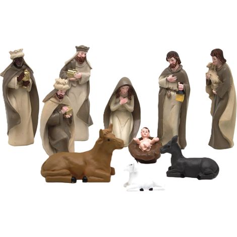 Belén navideño con 10 figuras: Sagrada Familia, Reyes Magos y pesebre. (1/5)