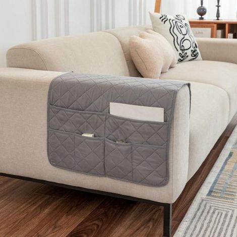 Organisateur d'accoudoir de canapé avec support pour télécommande, compartiments de rangement suspendus pour magazines, livres, tablette et accessoires, pour salon, gris (1/5)