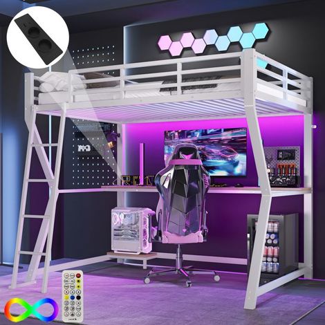 Lit mezzanine 90x200 cm blanc avec bureau, étagère, éclairage LED, prise USB, rambarde et escalier