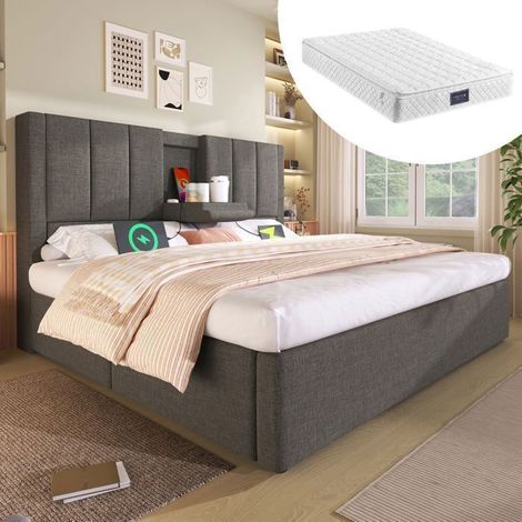 Lit Coffre 160x200cm avec Tête de Lit Multifonction - Lit 2 Places - USB-C, Rangement Hydraulique, Matelas Inclus, Gris (1/5)