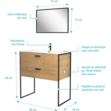 Aurlane – Ensemble meuble de salle de bain 90x45cm – Caisson MDF chêne naturel – Vasque céramique blanche avec trop plein – Miroir cadre noir mat — vue 3