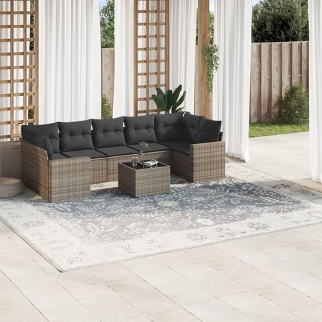 Ensemble salon de jardin 8 places modulaire gris, table verre trempé, résine tressée avec coussins amovibles (1/3)