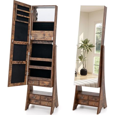 GOPLUS Armoire à Bijoux Autoportante,Miroir Pleine Longueur,Bande Lumineuse Led Lumineuse,Miroir de Maquillage Intégré,Étagère Pliable,Marron (1/5)