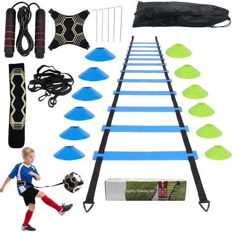 Football Training Equipment, Agility Ladder with Marking Discs, Skipping Rope, Ball Net, Metal Stakes and Bag for Football, Club, Garden, Children and Adults (1/5)