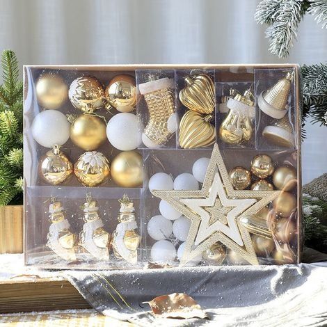 Boules de Noel Decoration Sapin Noel Blanc et Or 88 Pièces en 23 Types, Boîte de Boules de Noël en Plastique Incassable avec Cintre, Ornements Décoratifs Pendentifs Cadeaux (1/5)