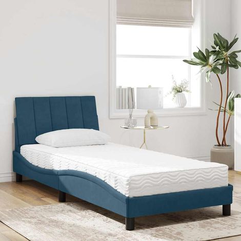 Lit 1 personne avec matelas mousse 80 x 200 cm en velours bleu et sommier à lattes - PANGIVO (1/5)