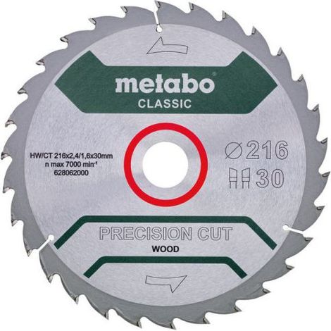 Metabo Sägeblatt precision cut wood - classic, 216x30, Z30 WZ 22° (1/2)
