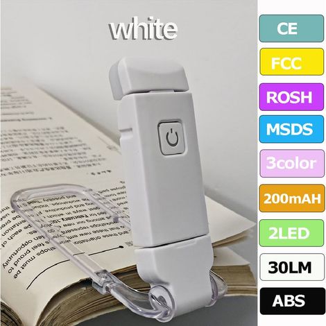 Lampe de lecture rechargeable USB, pliable, lampe marque-page portable à luminosité réglable, un indispensable pour les amoureux des livres, blanche.