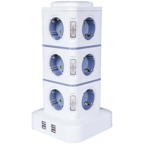 Tour Multiprise, 12 Prises Multiprise Electrique (2500W / 10A) avec 4 Ports USB, Multi Prises électriques Parafoudre Multiprise Verticale pour Maison Bureau, Rallonge 3M