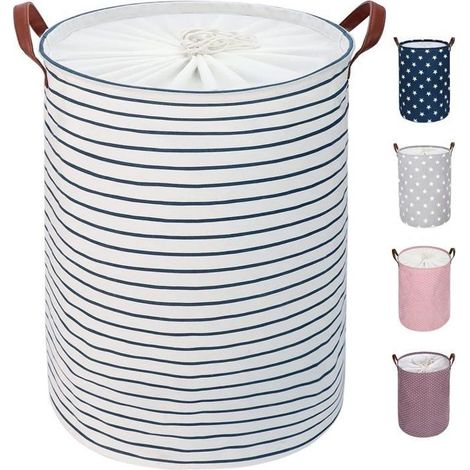 panier linge pliable 18 pouces. Cordon serrage, grande capacité. Parfait rangement vêtements. Bleu rayé. (1/5)