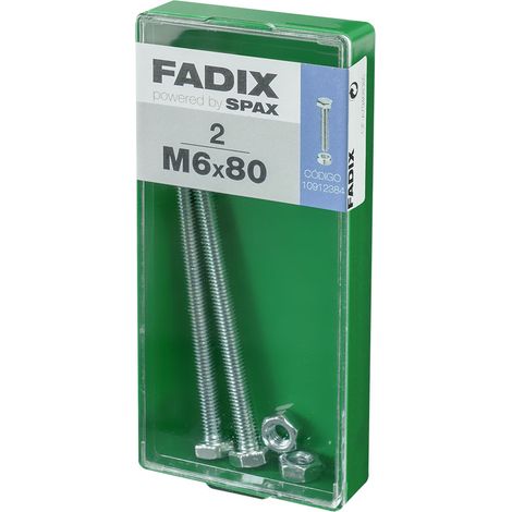 Caja de 2 unidades de tornillo métrico con cabeza hexagonal y tuerca en cinc M 6x80mm Fadix (1/2)