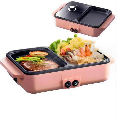 1200W Fondue Electrique et BBQ Grill,Hot Pot Intérieur Électrique,Barbecue de Table,Grill Coréen Électrique Double Usage, Hotpot Pour 2 Personnes,220 V 180°,Pour La Maison,Dortoir (1/5)