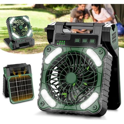Ventilateur solaire rechargeable pour camping, batterie 10400 mAh, ventilateur de tente portable avec lumière LED, minuterie et 4 vitesses. (1/5)