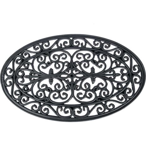HOMESCAPES Black Wrought Iron Effect Parisian Oval Rubber Doormat