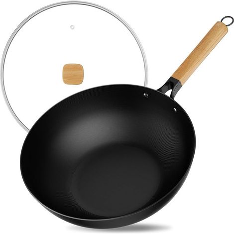 30cm Wok Antiadhésif avec Couvercle, Wok Induction Sans Revêtement Chimique Grande Capacité pour 3-5 Personnes Portions Alimentaires, Poêles à Frire pour les Cuisinières Èlectriques et à Gaz (1/5)