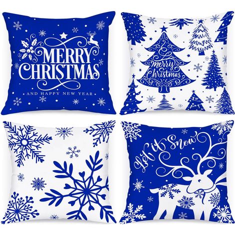 Lot de 4 Blanc et Bleu Housse de Coussin Noel 45x45 cm, Taie d'oreiller Hiver Flocon de Neige Parure de Oreiller de Décoration de Lit Noel Deco pour Chambres Canapé Noël Decoration(Bleu Foncé) (1/5)