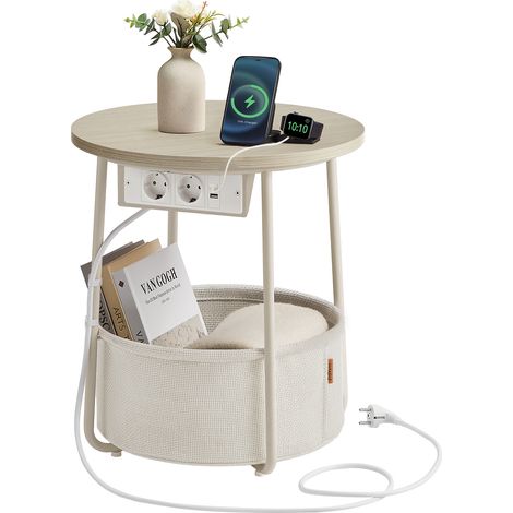 Vasagle – Table basse ronde 45x50cm – Panier en tissu – Panneau d’aggloméré et acier – Style moderne beige naturel et blanc crème