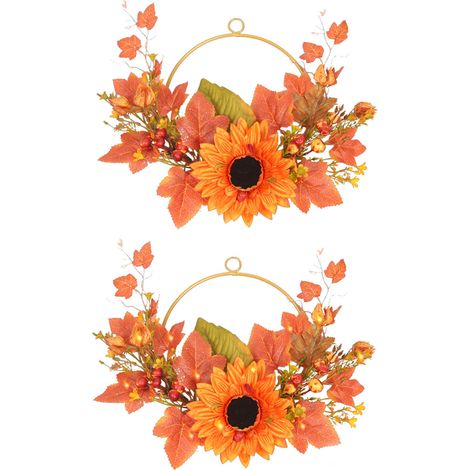 (2 par paquet) (Prix ajusté) (Deux piles AA sont nécessaires pour la guirlande lumineuse) Couronne murale en fer forgé, motif tournesol artificiel, couleurs d'automne, décoration de maison pour Thanks (1/5)