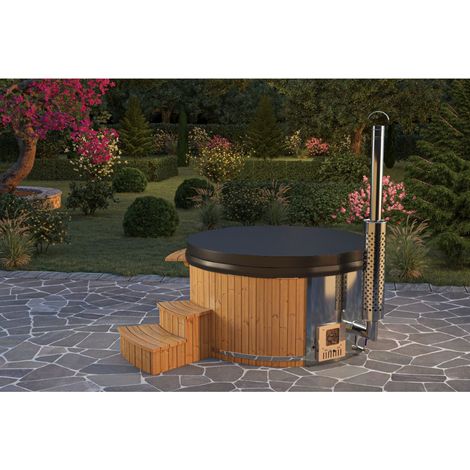 Bain nordique Stockholm 200 cm – Pour jusqu'à 8 personnes – Poêle inox 30 kW – Couvercle thermique simili cuir – Marchepied bois – Finntherm
