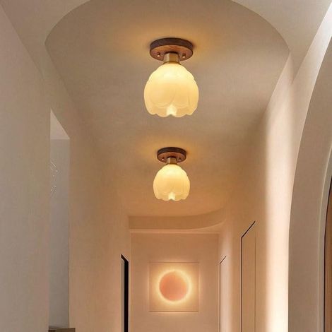 Plafonnier rond en bois de noyer, luminaire d’entrée minimaliste, lampe de couloir à abat-jour en verre fleur, éclairage décoratif style wabi-sabi pour vestibule et bureau (1/4)