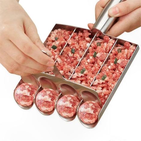 Cuillère à boulettes de viande en acier inoxydable avec spatule de découpe, compatible avec les ustensiles de cuisine manuels, outil multifonction pour façonner la viande. (1/5)