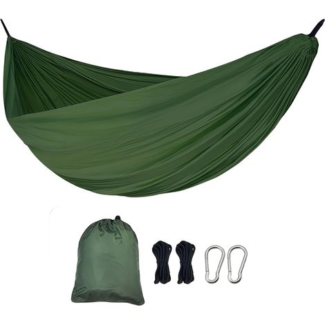 Hamac d'extérieur ultra léger, capacité de charge de 300 kg, pour 2 personnes, 270 x 140 cm, avec sangles réglables et mousqueton, anti-déchirure en nylon respirant, pour voyage, jardin, vert (1/5)