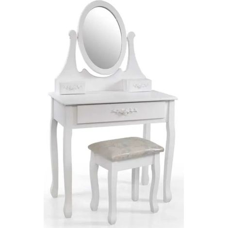 Elegante Konsolentisch mit Spiegel und gepolstertem Hocker, 75 x 40 x 132 cm, weiß lackiert, mit 1 Schublade und 2 kleinen Fächern