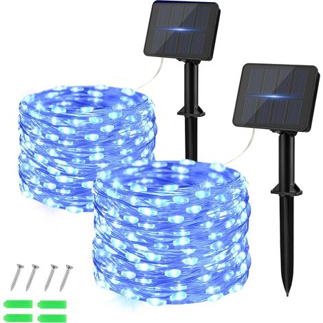 Lot de 2 guirlandes lumineuses solaires d'extérieur - 50 LED - 5 m - Blanc chaud - Résistantes aux intempéries - Fil de cuivre pour jardin, terrasse, cour, arbre, fête, anniversaire, mariage