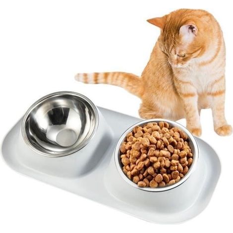 Double Gamelle pour Chien Chat Animal Chiot en Acier Inoxydable - 15° Inclinée double bol - Antidérapant Anti-déversement - Gris (1/5)