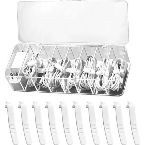 Organizador de cables, cables, Incluye 10 bridas para cables, Caja de almacenamiento transparente, 26x9x5,5cm, Enrollador USB, Gestión de cables (1/5)