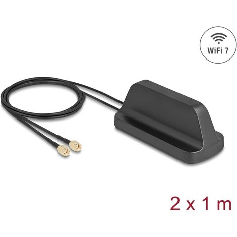 Delock Antena WiFi 7 macho 2 x RP-SMA 2,4 - 4,0 dBi omnidireccional con base magnética y cable de conexión ULA100 1 m para exteriores negro