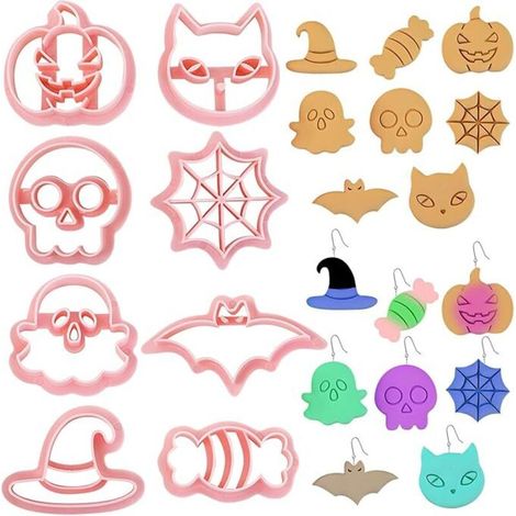 Lot de 8 emporte-pièces en pâte polymère pour Halloween moulage en une seule touche motif citrouille fantôme 3D en relief pour glaçage décoration ou fabrication de bijoux coupe-biscuits Hallowe