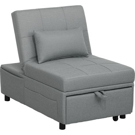 Fauteuil pliant 3 en 1 avec poche latérale, lit d'appoint avec oreiller, dossier réglable, fauteuil-lit à roulettes, gris clair (1/5)