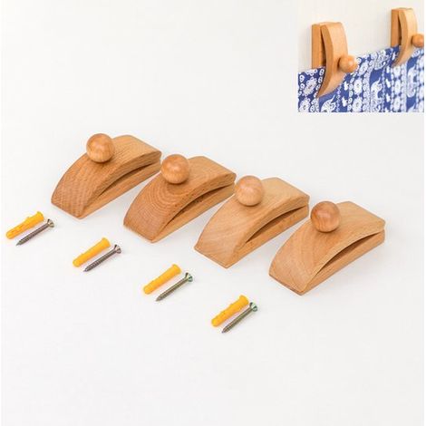 Ensemble de 4 pinces en bois - Crochet - Fixation murale - Idéal pour suspendre couettes et tapis - Couleur bois (1/5)