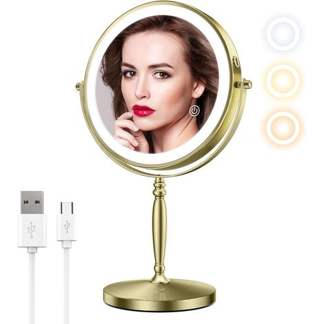 Miroir de maquillage lumineux 20,3 cm avec grossissement – Miroir de bureau x1/10 LED rechargeables 3 couleurs laiton doré (1/5)