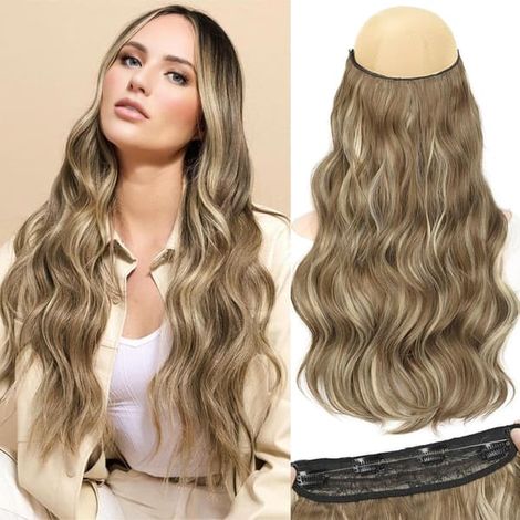 Extensions de cheveux invisibles avec fil métallique, longues, ondulées et transparentes, pour femmes, taille ajustable, 4 clips de sécurité, 50 cm (20 pouces), châtain moyen, blond cendré.