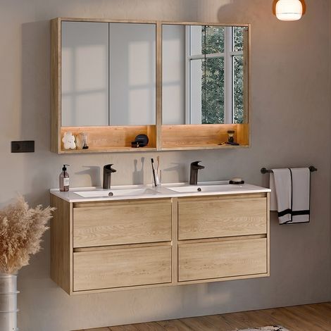 Ensemble meuble double vasque encastrée 120cm et armoires miroir Edmé Bois (1/5)
