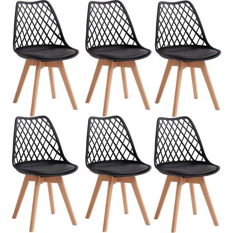 6er Set Esszimmerstühle mit Netzrückenlehne und Buchenholzbeinen, Schwarz (1/5)