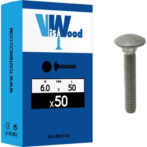 Vis bois Inox tête ronde, collet carré Japy 6x50 - boîte de 50 (1/2)