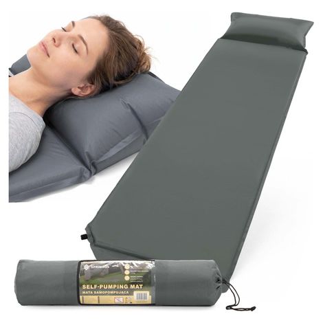 Materasso autoinflabile 186 cm con cuscino e coprimaterasso, tappetino da campeggio grigio. (1/5)