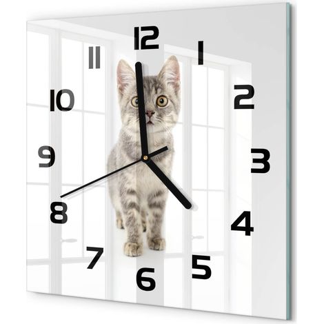 Horloge Murale Carrée Sans Cadre en Verre Trempé Silencieuse et Moderne Chat gris 30x30 cm (1/5)
