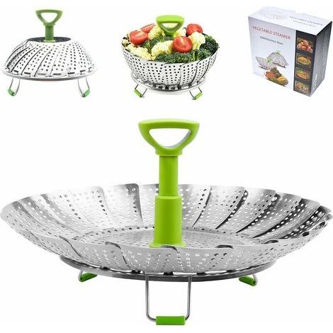 Panier Vapeur Inox, 9'' Cuit Vapeur Inoxydable pour Autocuiseur avec Manche Télescopique, Panier pour Cuire à la Vapeur, Fleur Marguerite Cuisson Vapeur, Pliable Vegetable Steamer Accessoire (1/5)