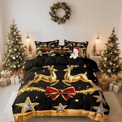 Weihnachts Bettwäsche 155x220 cm, Mikrofaser, Schwarz, Rentier-Motiv, mit Reißverschluss