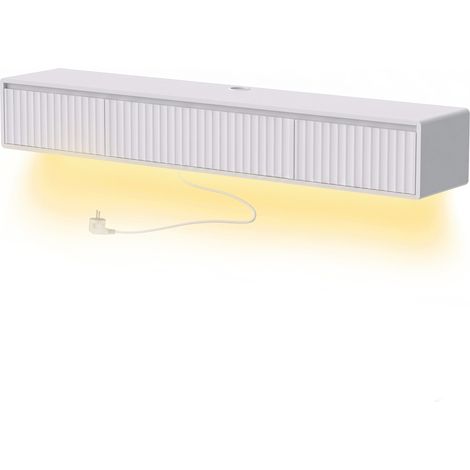 Meuble TV suspendu flottant 160 cm - Blanc - Avec éclairage LED et prises - Pour téléviseur jusqu'à 65 pouces - Pour salon - Design moderne (1/5)