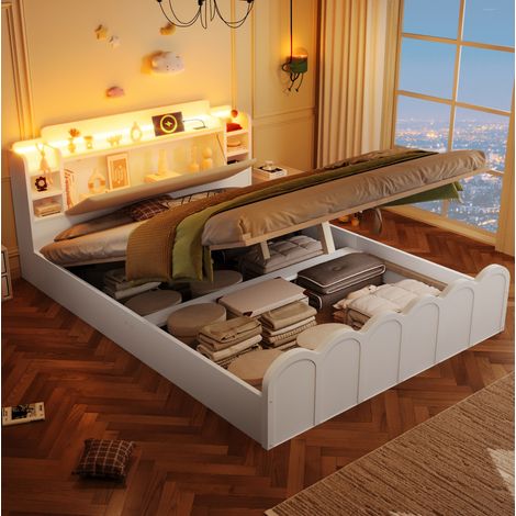 Lit coffre adulte 140x200 blanc avec rangement hydraulique, USB-C et tête de lit LED (1/5)