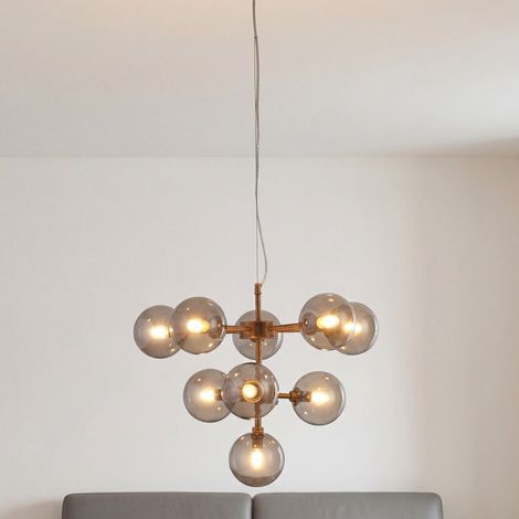 Pendelleuchte Metall Rauchglas B: 49 cm H: max. 135 cm in Bronze Grau Kugelschirm Retro Hängelampe