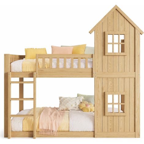 Lit superposé enfant 90x200 cm en bois et MDF avec design maison, 2 fenêtres décoratives, escalier 3 marches et barrières de sécurité, bois clair CHICFURN (1/5)