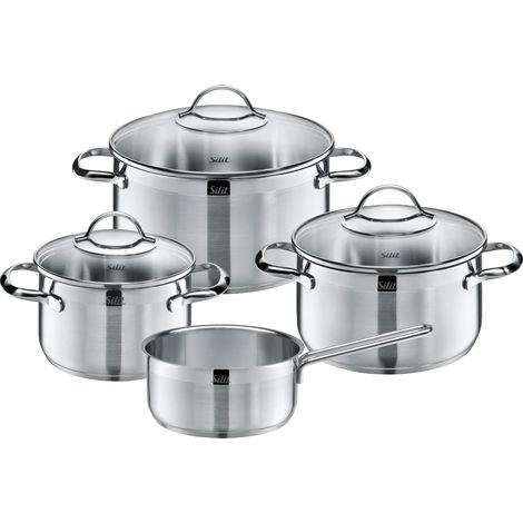 Set de casseroles à Induction 4 pièces, Set de casseroles avec Couvercle en Verre, Acier Inoxydable partiellement Mat, Set de casseroles à Induction Non revêtu (1/5)