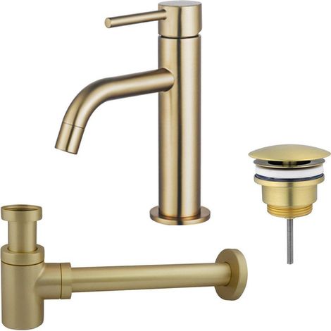 Fortifura Calvi Slim Kit mitigeur lavabo - robinet bas - bonde non-obturable - siphon design bas - PVD Laiton brossé